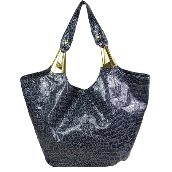 Braciano Gray Patent Croc-Embossed Tote Bag Gold Hardware | Large Glam Carryall - Picture 2 of 13
